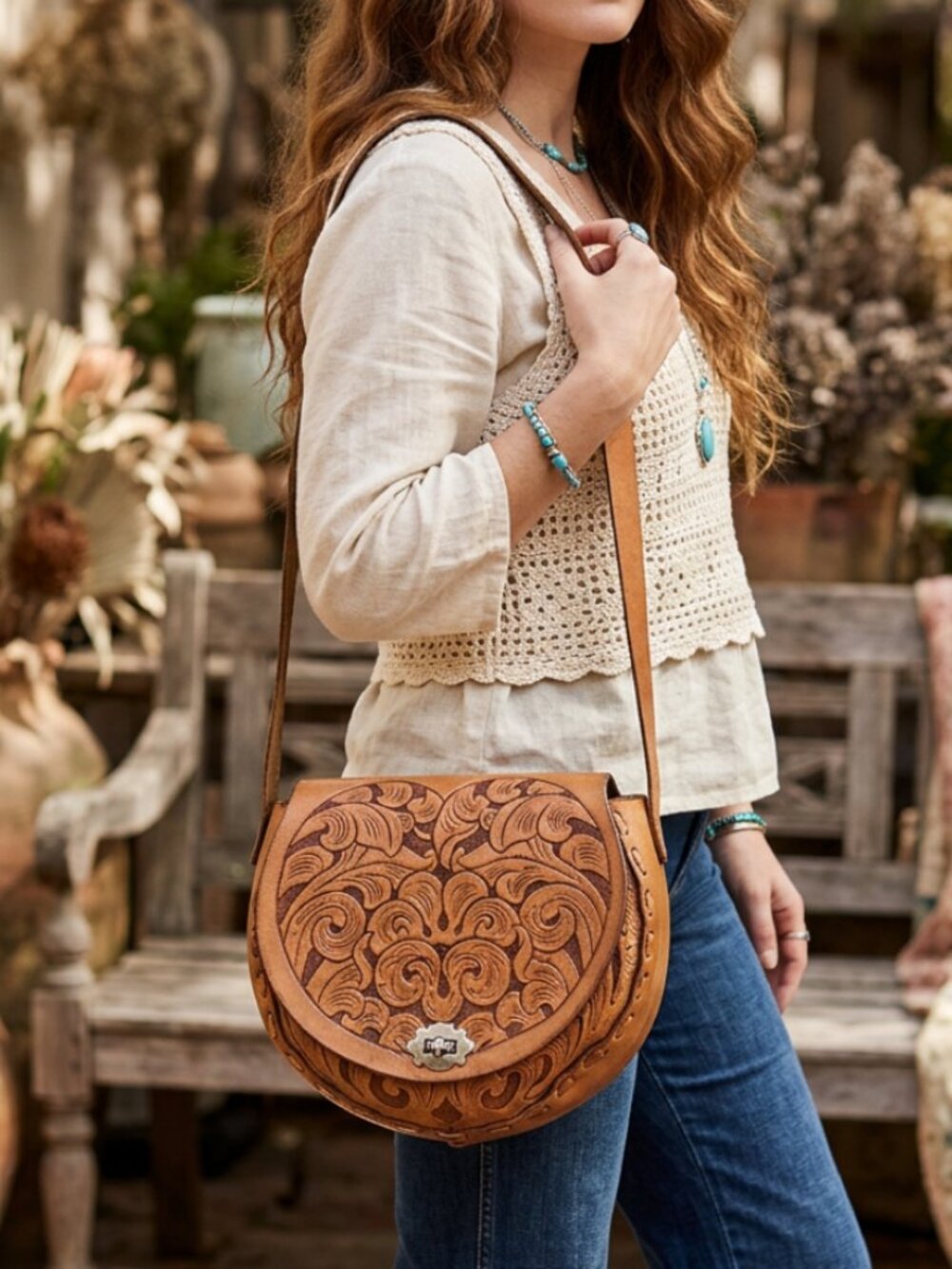 Vtg 70s tooled heavy stitched leather boho hippie festival bag purse